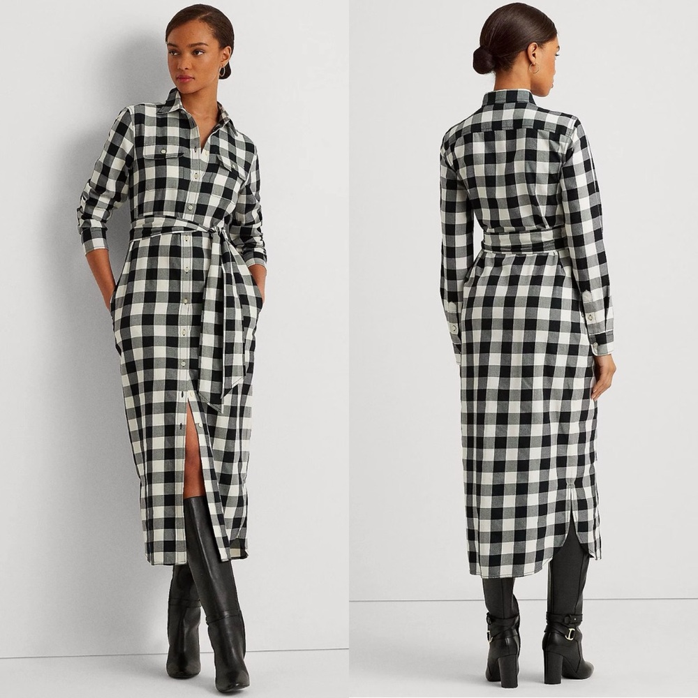Polo by Ralph Lauren Black and White Gingham Midi Shirt Dress
